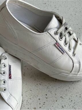 Superga White Leather Low-Top Platform Sneakers
